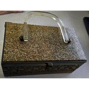 Stunning Vintage 1950's Mid-Century Brass Confetti Lucite Handle Box Purse